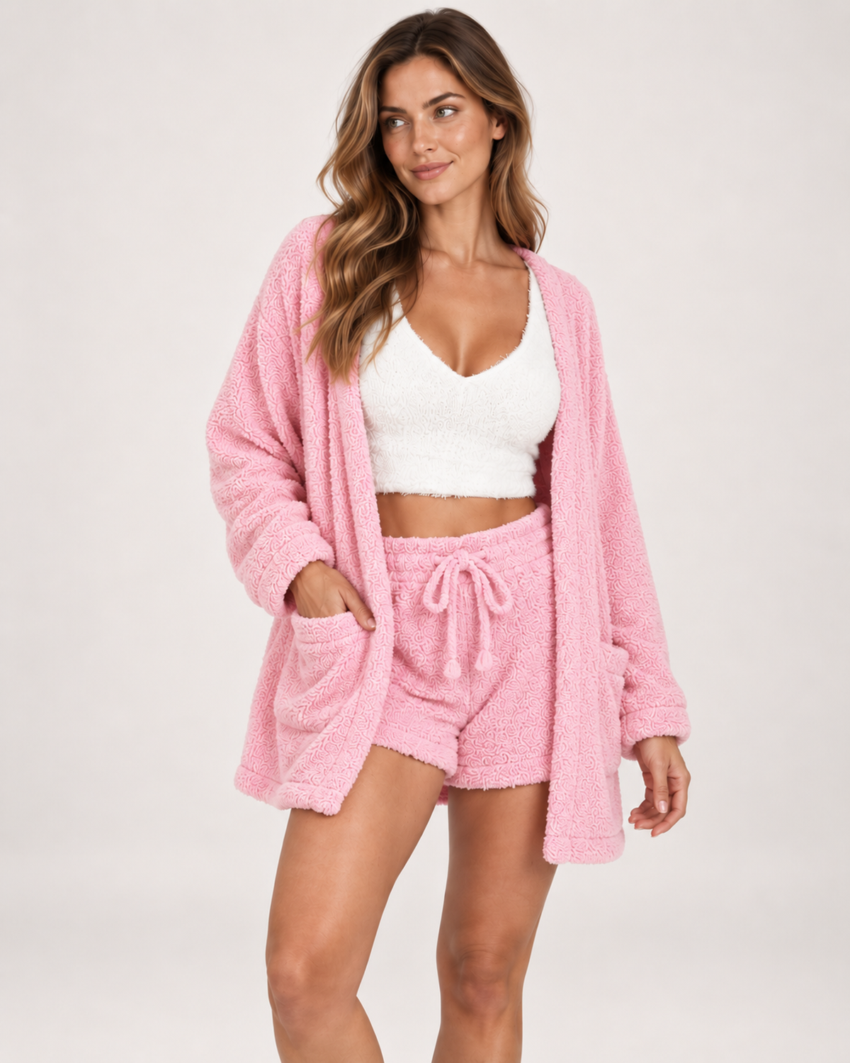 Women’s Pyjama Set with Cardigan, Vest and Shorts in Pink, lower body product focus view