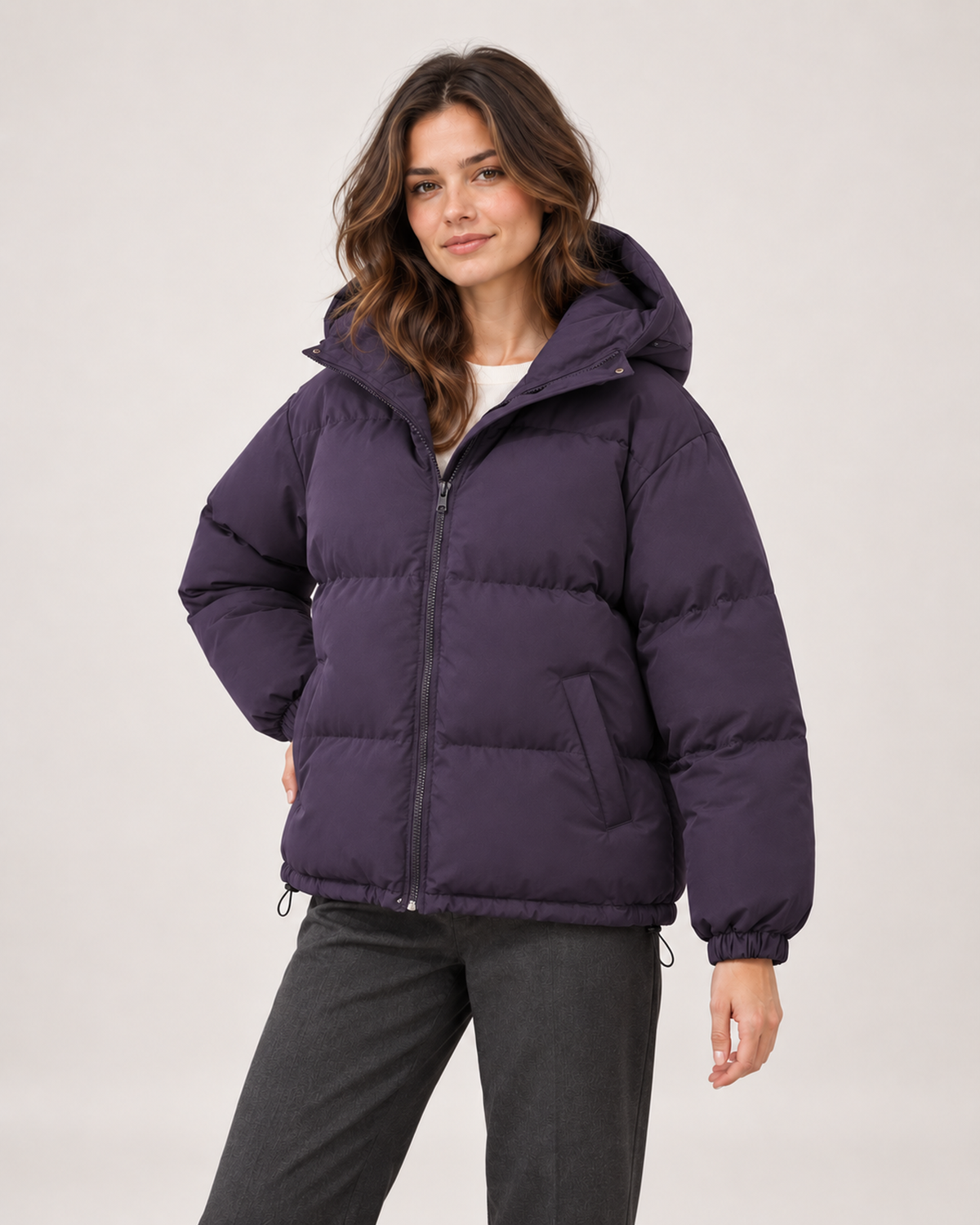 Women’s Puffer Jacket with Hood and Zip Front in Purple, short outerwear product focus view
