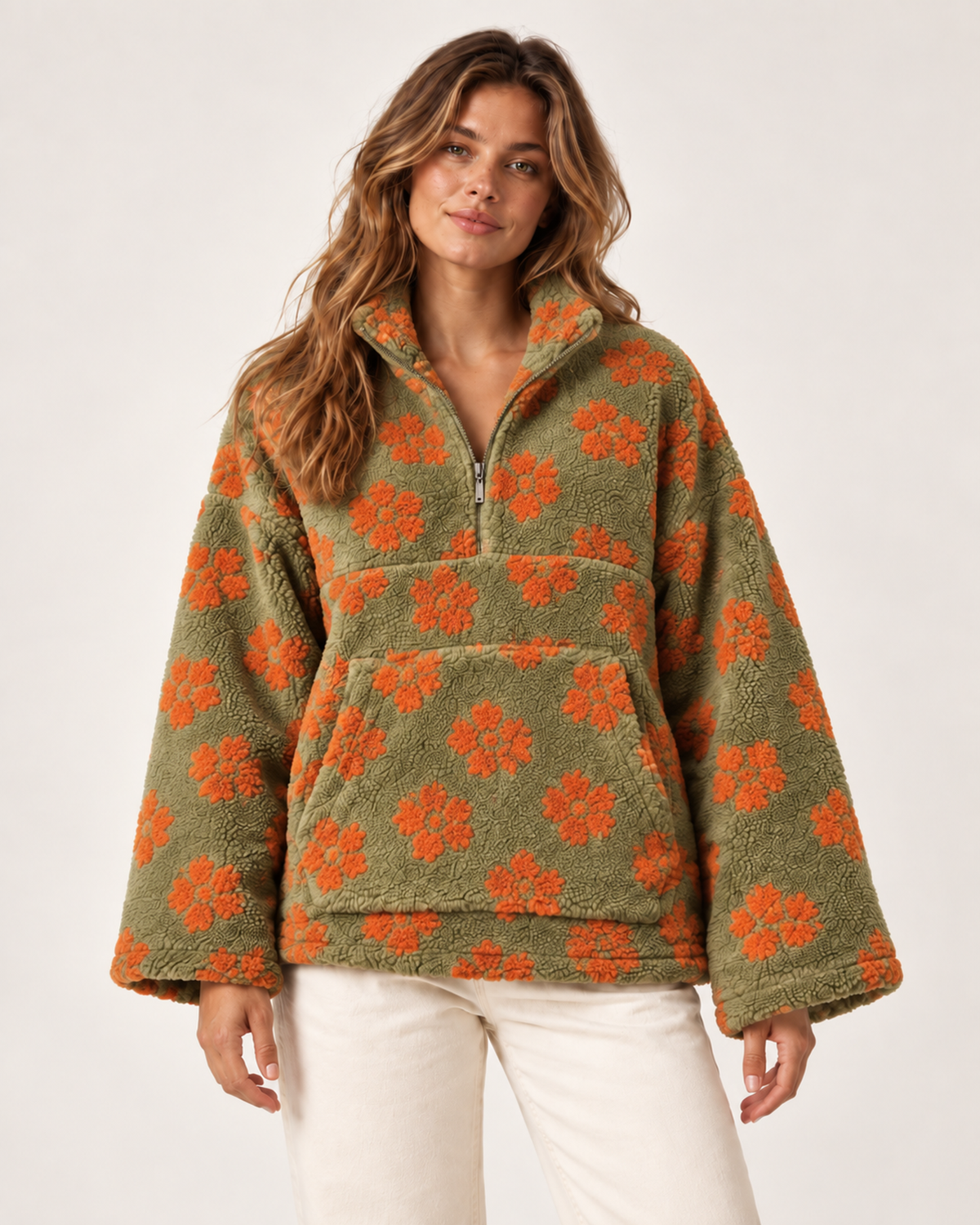 Women’s Borg Jacket with Floral Pattern and Half Zip in Sage Style 2, short outerwear product focus view