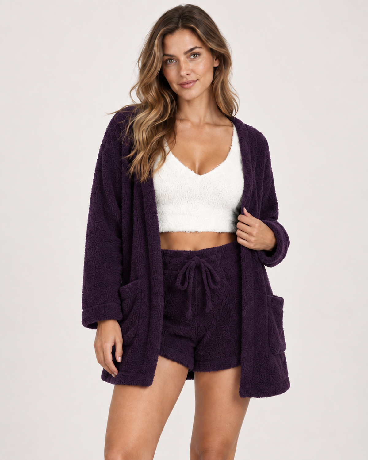 Women’s Pyjama Set with Cardigan, Vest and Shorts in Dark Purple, lower body product focus view