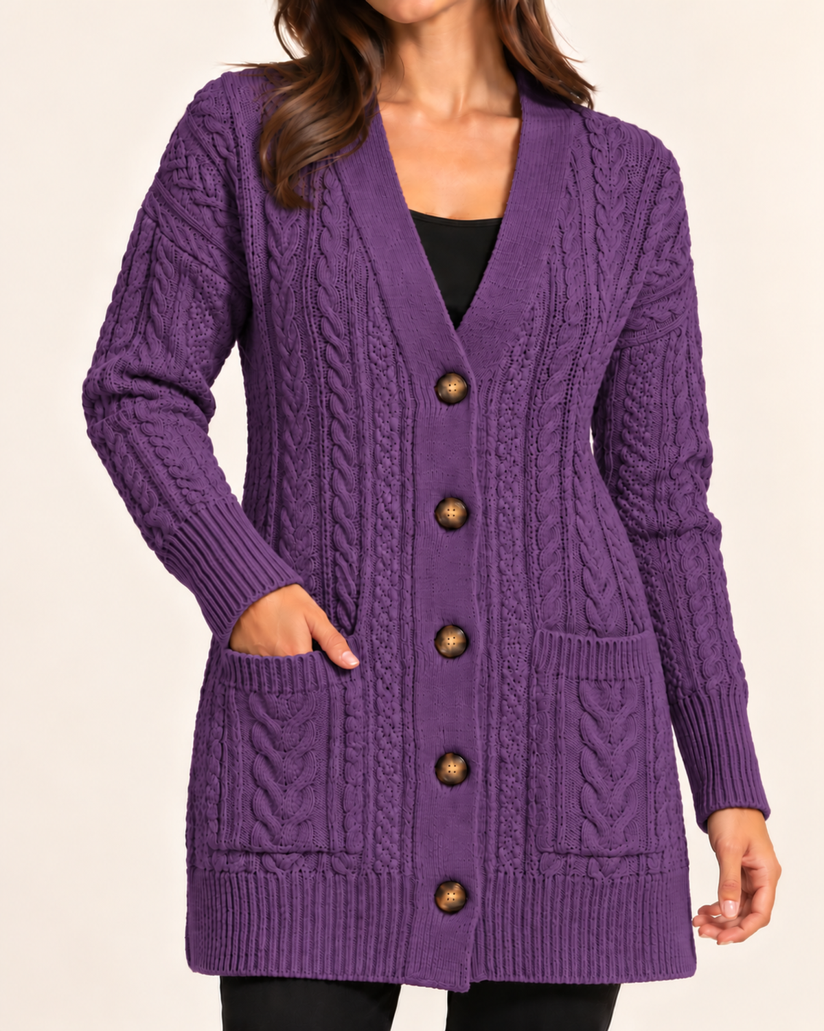 Women's purple cable knit button front coatigan close variant view
