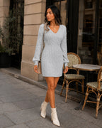 Women's Cable Knit Midi Dress – V Neck Long Sleeve Knitted Dress