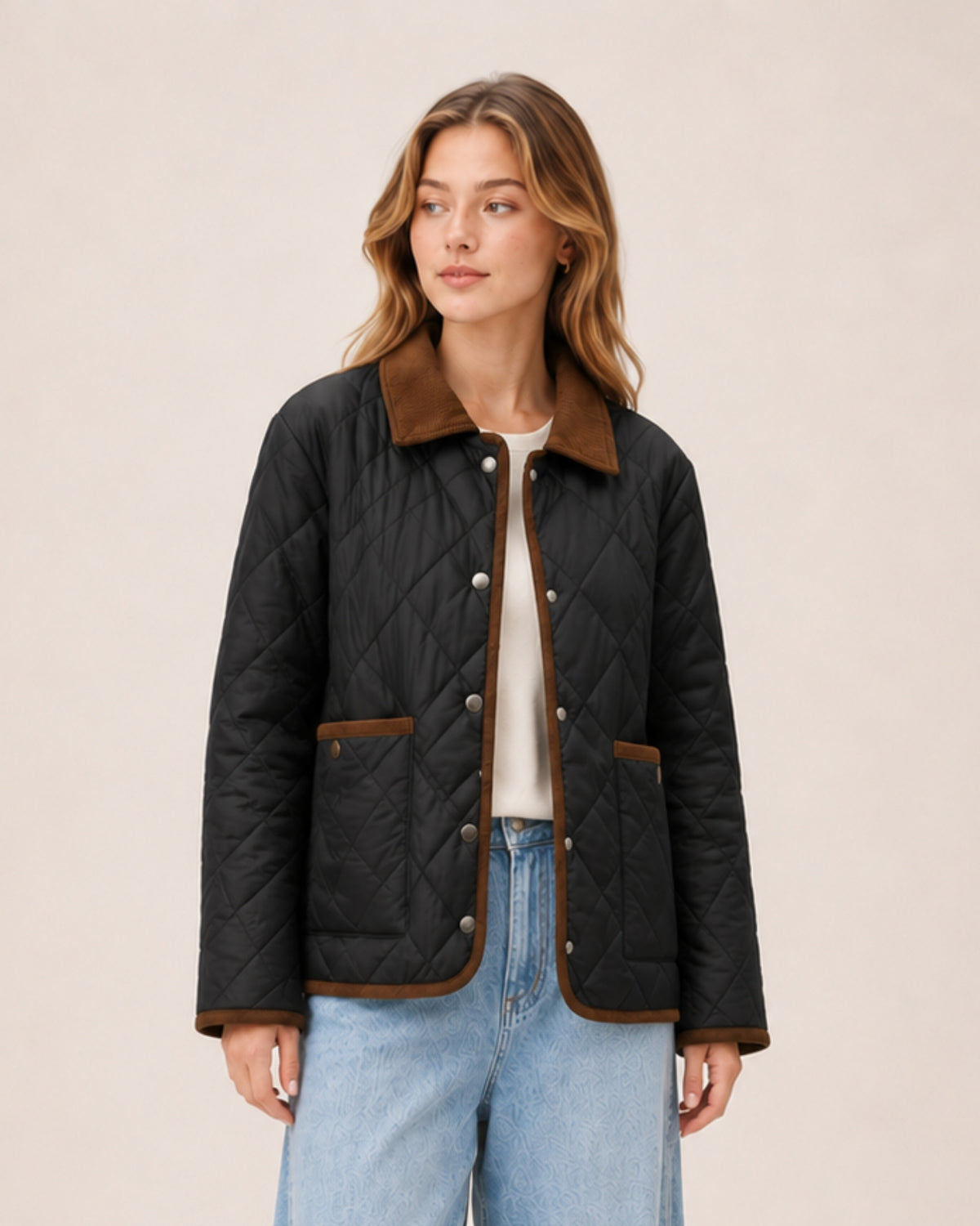Women's Quilted Jacket – Lightweight Contrast Trim Button-Up Coat