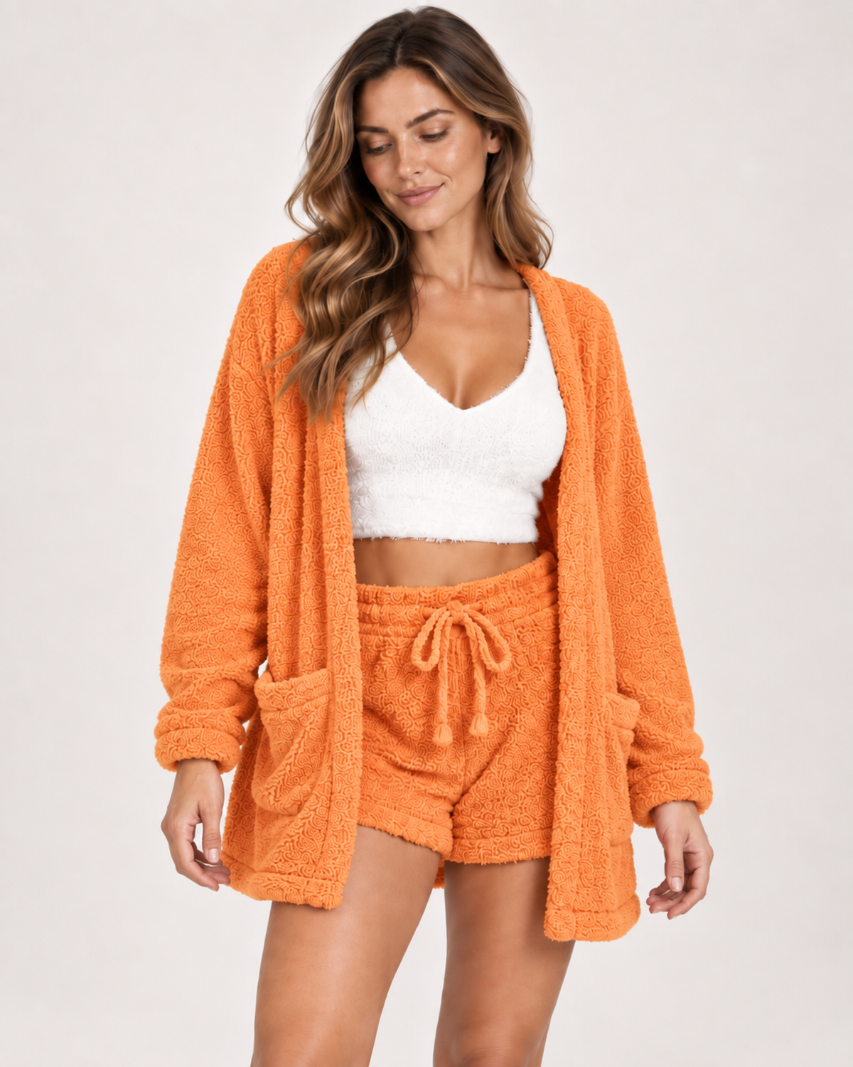 Women’s Pyjama Set with Cardigan, Vest and Shorts in Orange, lower body product focus view