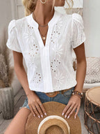 Women's Puff Sleeve V Neck Blouse with Relaxed Fit