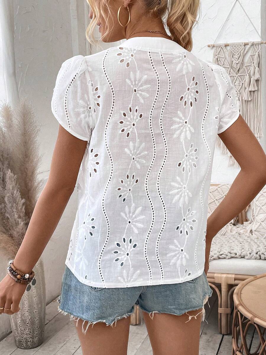 Women's Puff Sleeve V Neck Blouse with Relaxed Fit