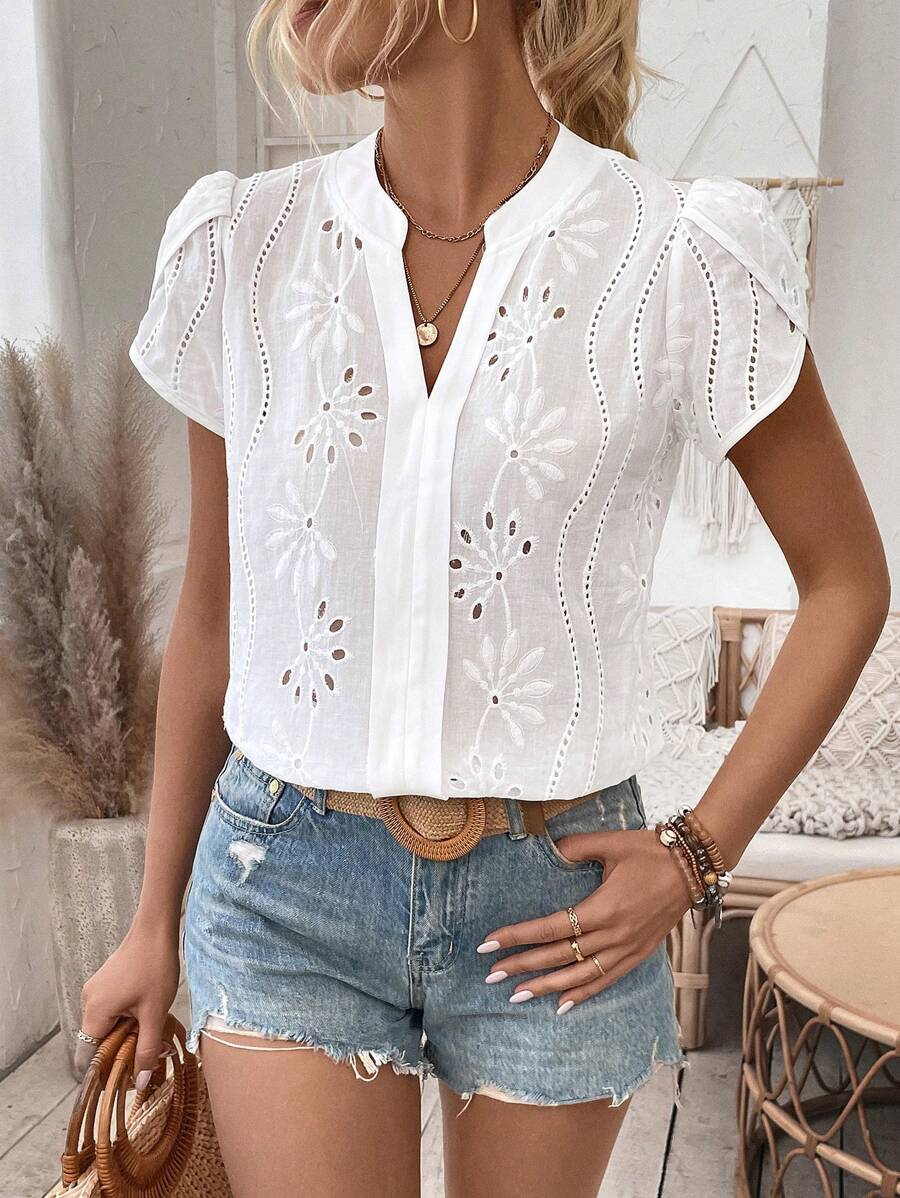 Women's Puff Sleeve V Neck Blouse with Relaxed Fit