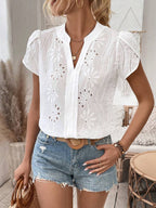 Women's Puff Sleeve V Neck Blouse with Relaxed Fit