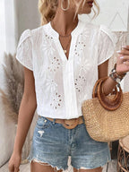 Women's Puff Sleeve V Neck Blouse with Relaxed Fit