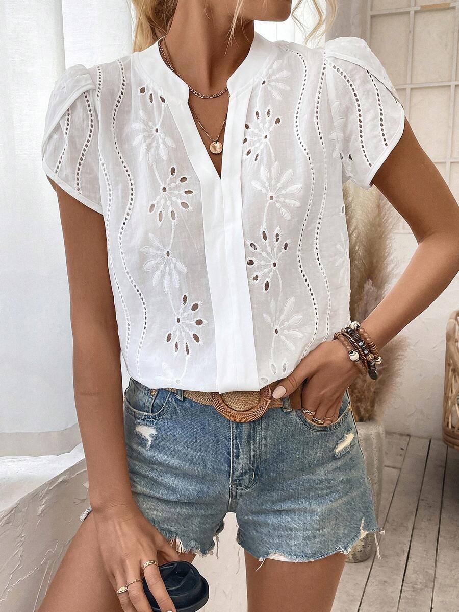 Women's Puff Sleeve V Neck Blouse with Relaxed Fit