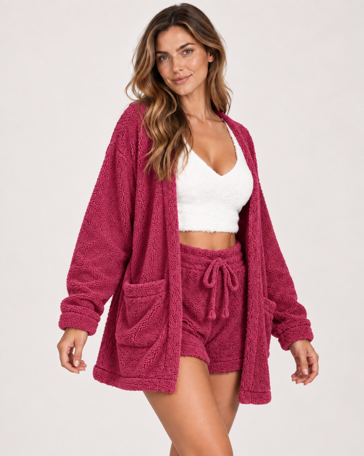 Women’s Pyjama Set with Cardigan, Vest and Shorts in Dark Pink, lower body product focus view