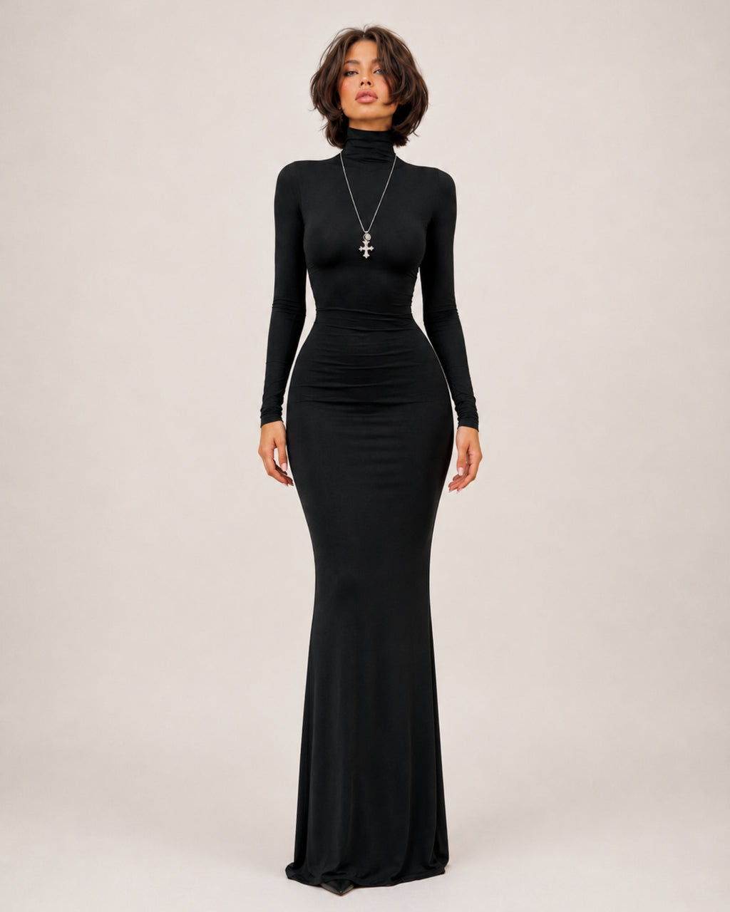 Women's Long Sleeve Bodycon Maxi Dress with High Neck