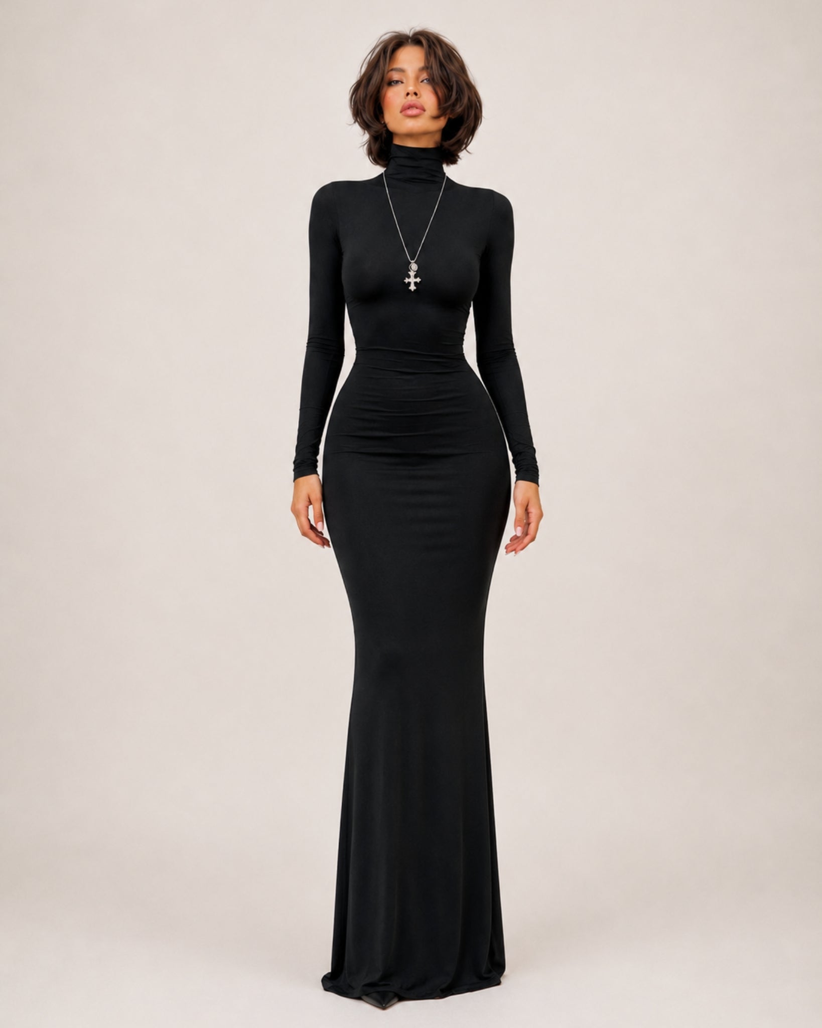 Women's Long Sleeve Bodycon Maxi Dress with High Neck
