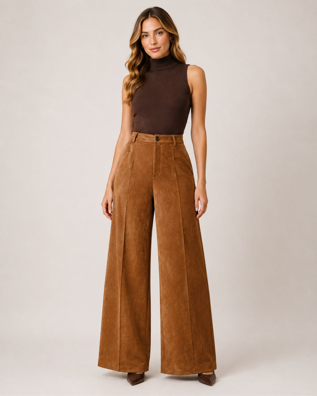 Women's Brown Wide Leg Trousers – Faux Suede