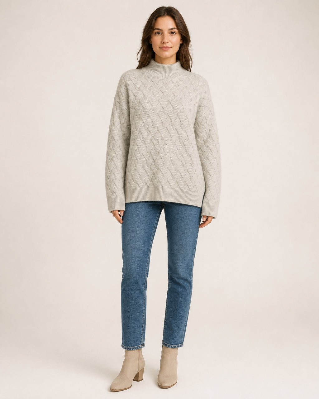 Women's Textured Roll-Neck Jumper with Basketweave Knit