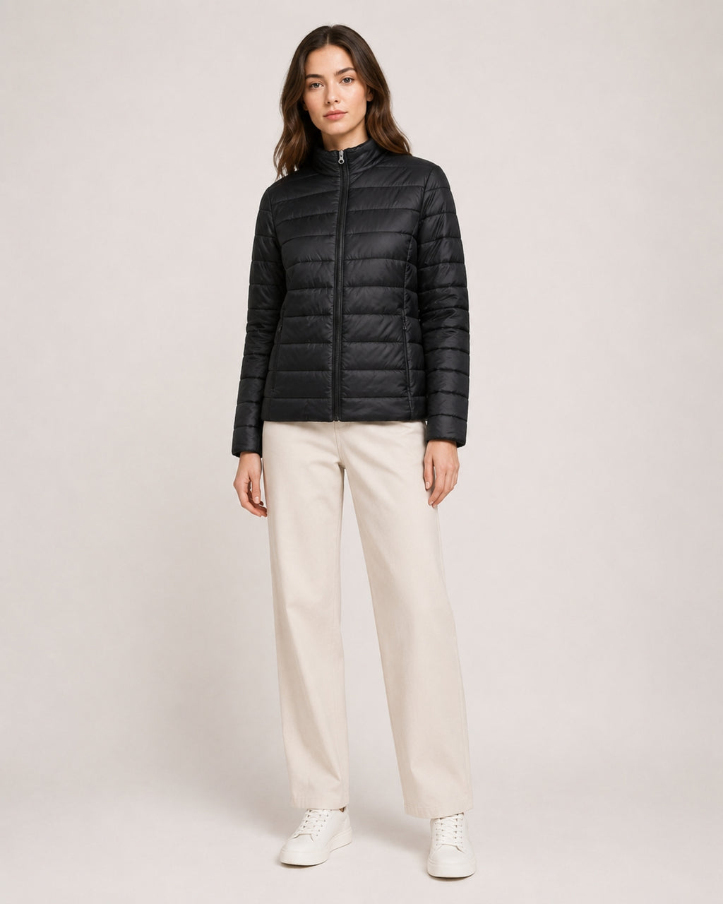 Women's Quilted Puffer Jacket with Stand Collar and Fitted Shape