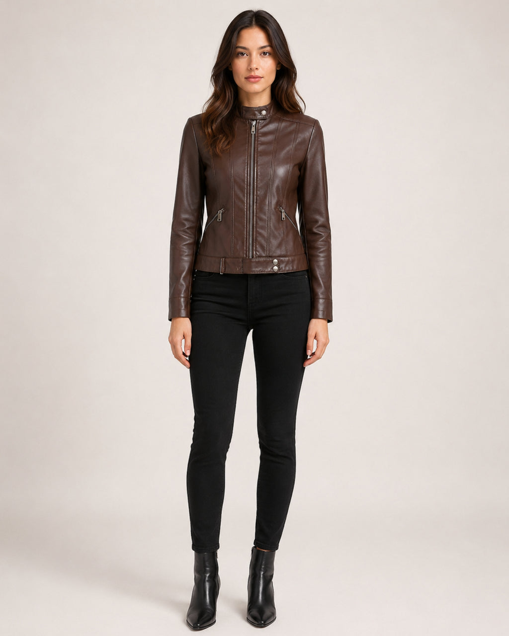 Women's Brown Faux Leather Jacket – Fitted Zip-Up Style