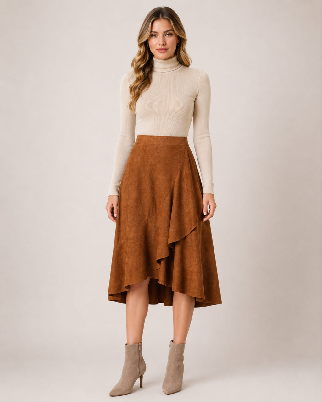 Women's Faux Suede Ruffle Midi Skirt