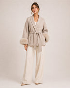 Women's Short Belted Coat with Faux Fur Cuffs