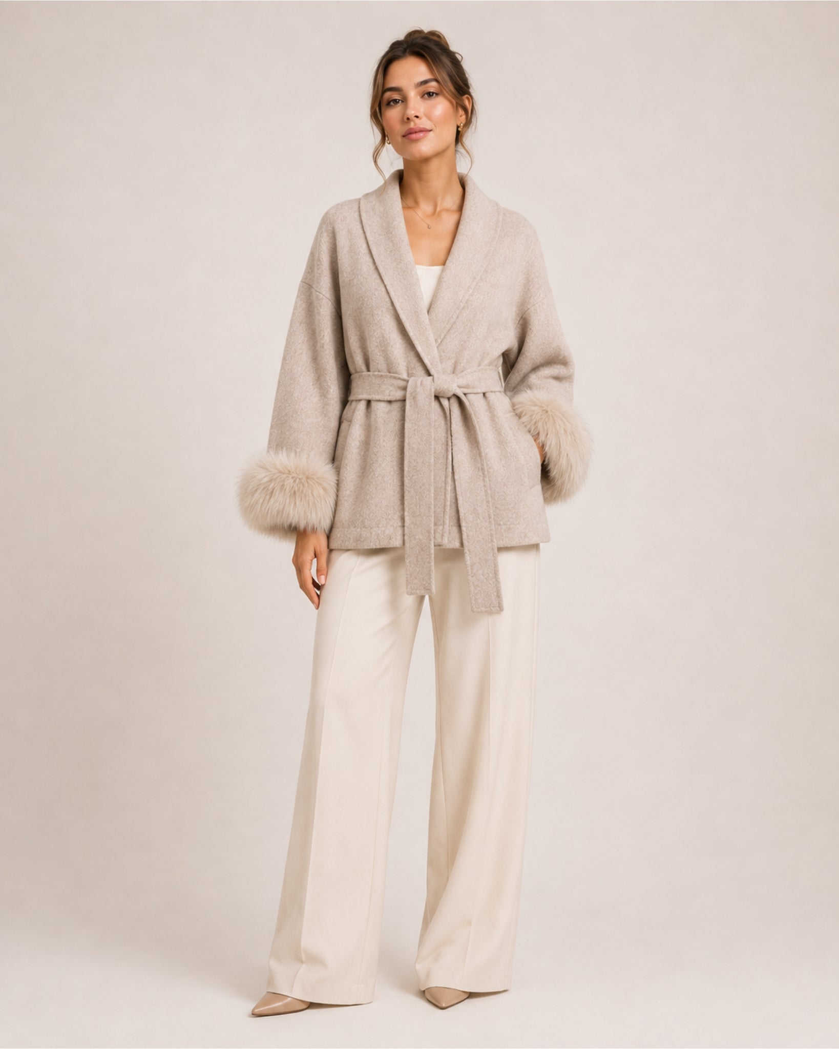 Women's Short Belted Coat with Faux Fur Cuffs