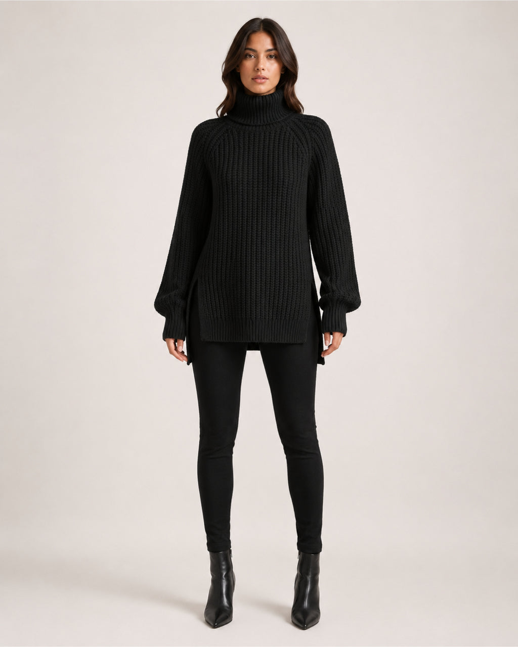Women's Chunky Knit Roll Neck Jumper with Side Splits