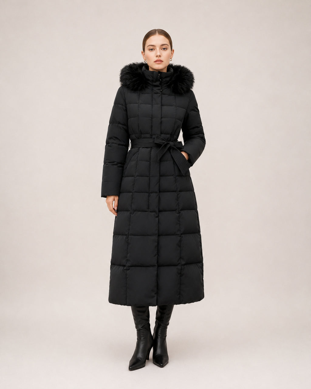 Women's Long Puffer Coat with Faux Fur Hood & Belt