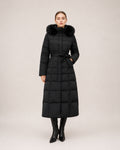 Women's Long Puffer Coat with Faux Fur Hood & Belt