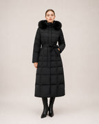 Women's Long Puffer Coat with Faux Fur Hood & Belt