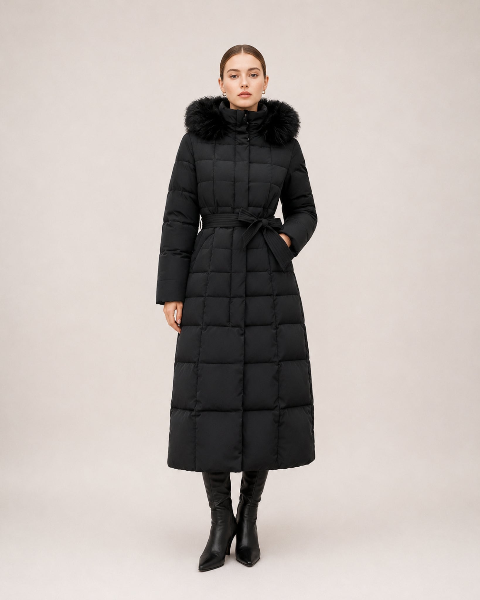 Women's Long Puffer Coat with Faux Fur Hood & Belt