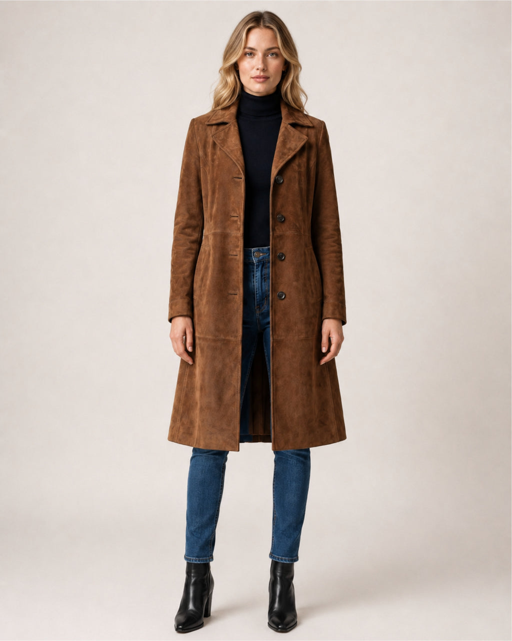 Women's Suede Coat Long Brown Tailored Style