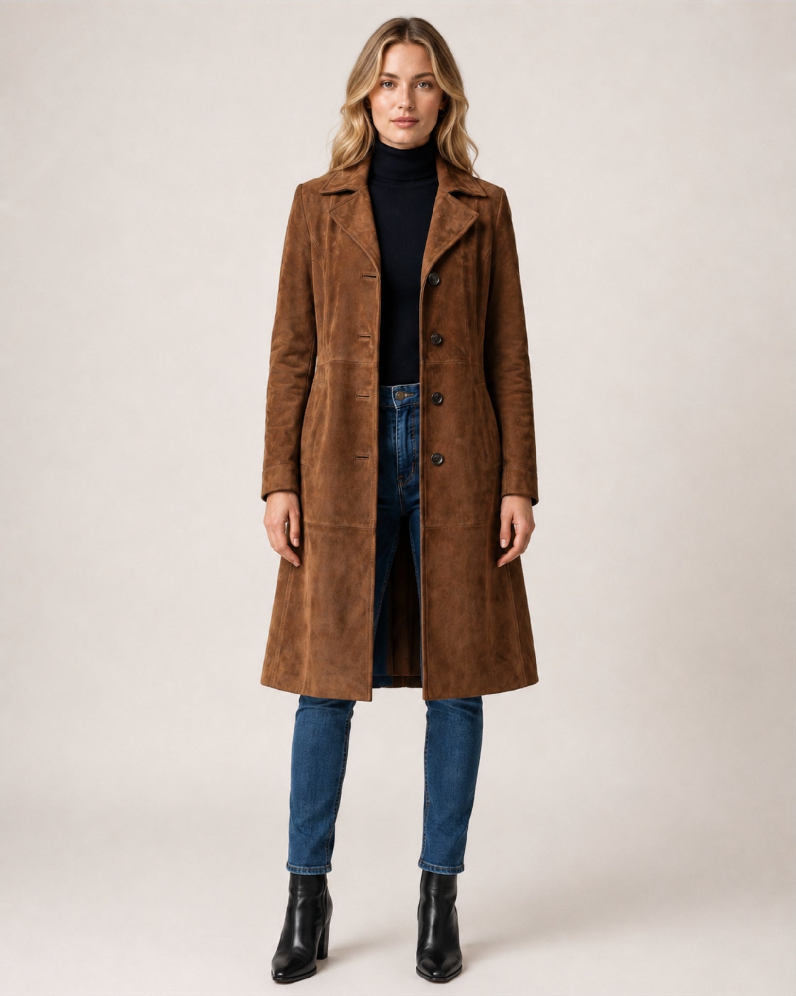 Women's Suede Coat Long Brown Tailored Style