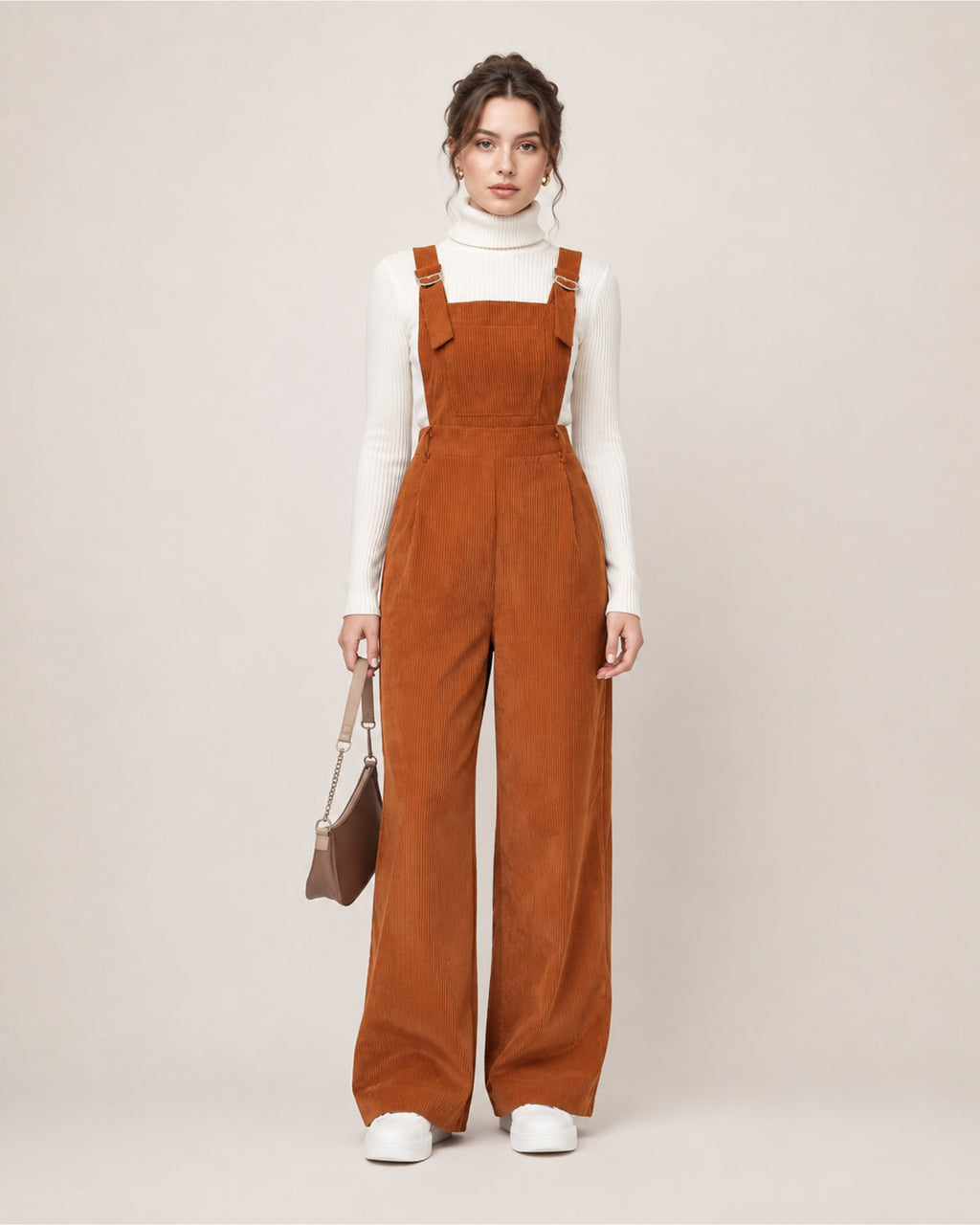 Women's Brown Corduroy Overalls with Wide Leg