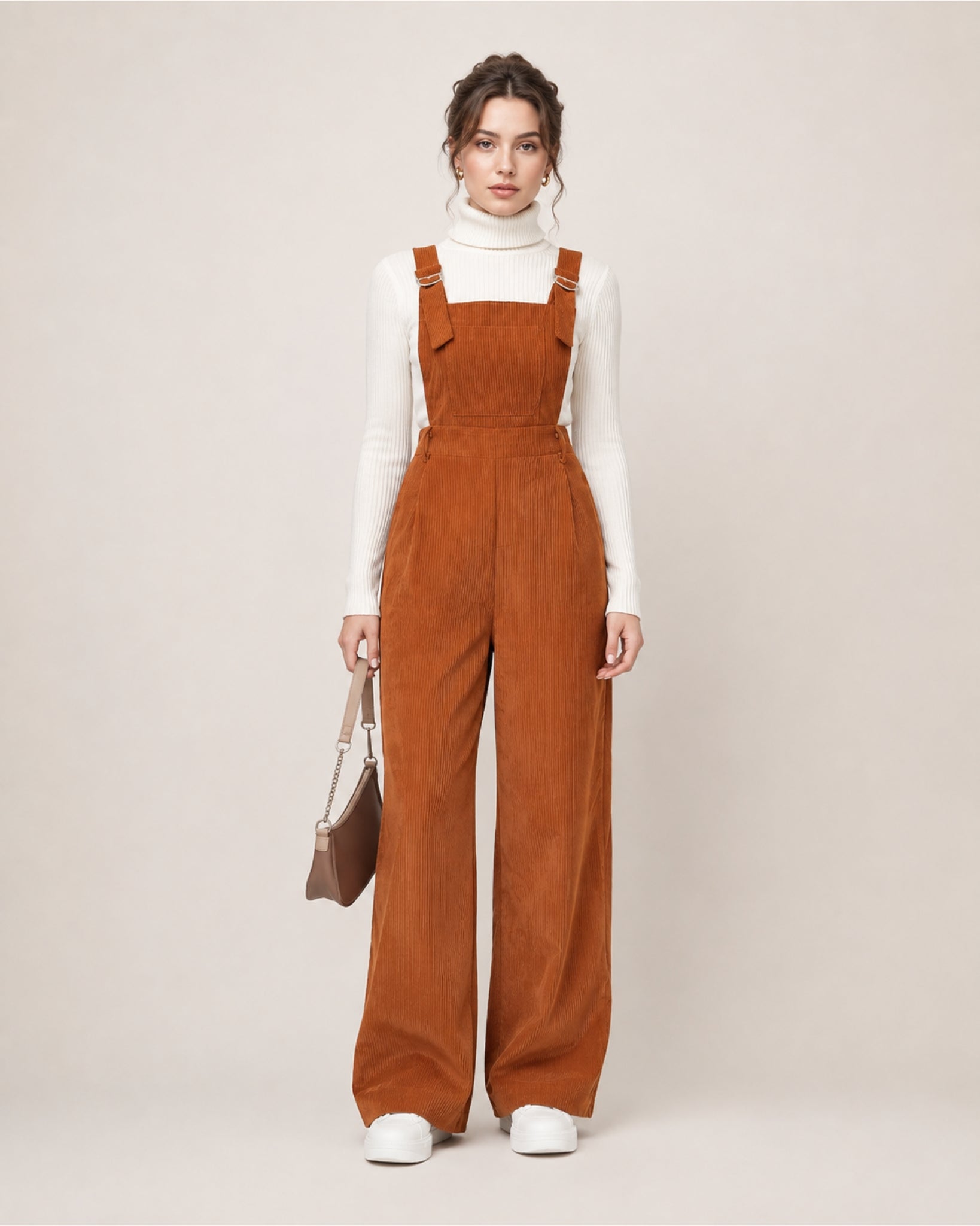 Women's Brown Corduroy Overalls with Wide Leg