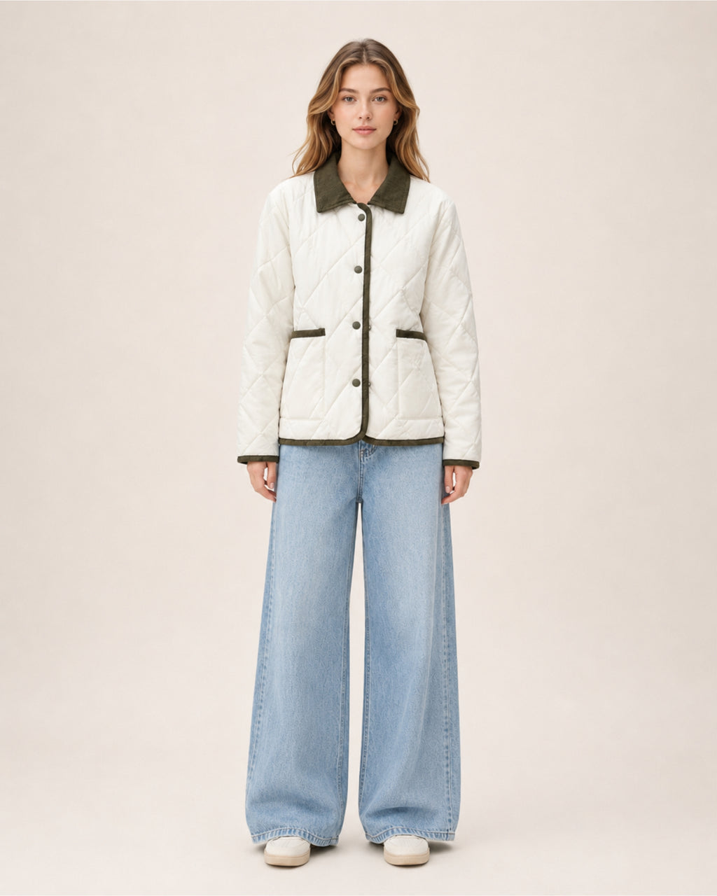 Women's Quilted Jacket – Lightweight Contrast Trim Button-Up Coat