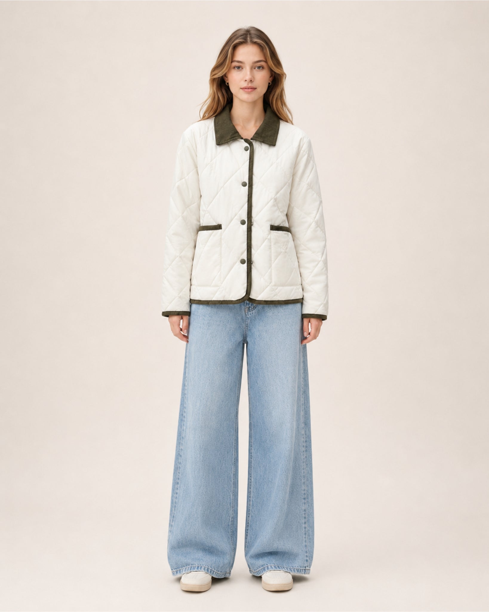 Women's Quilted Jacket – Lightweight Contrast Trim Button-Up Coat