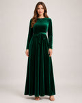 Women's Velvet Maxi Dress Long Sleeve Belted Style