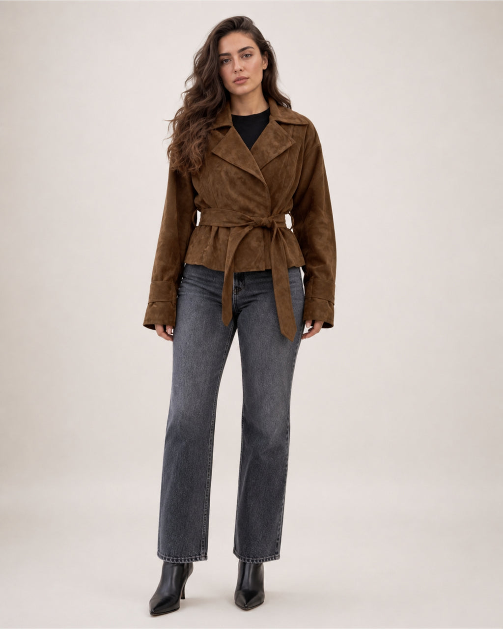 Women's Brown Suede Belted Jacket