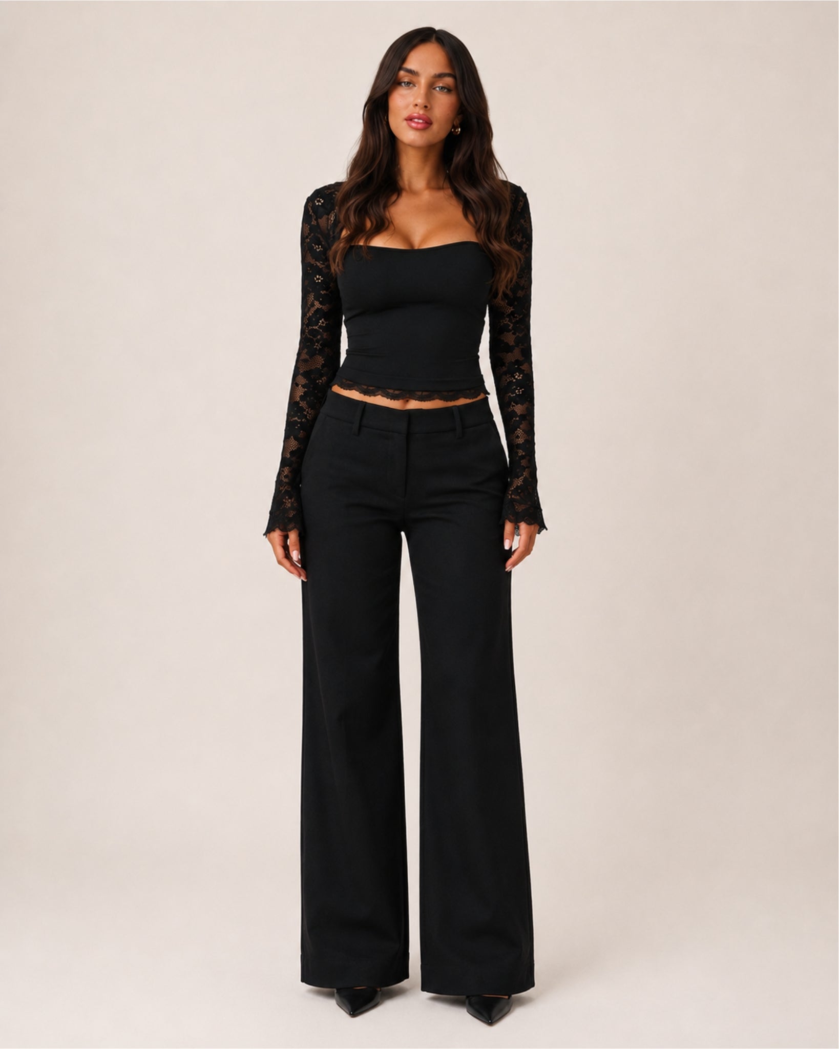 Women's Lace Long Sleeve Top – Fitted Square Neck Going Out Top