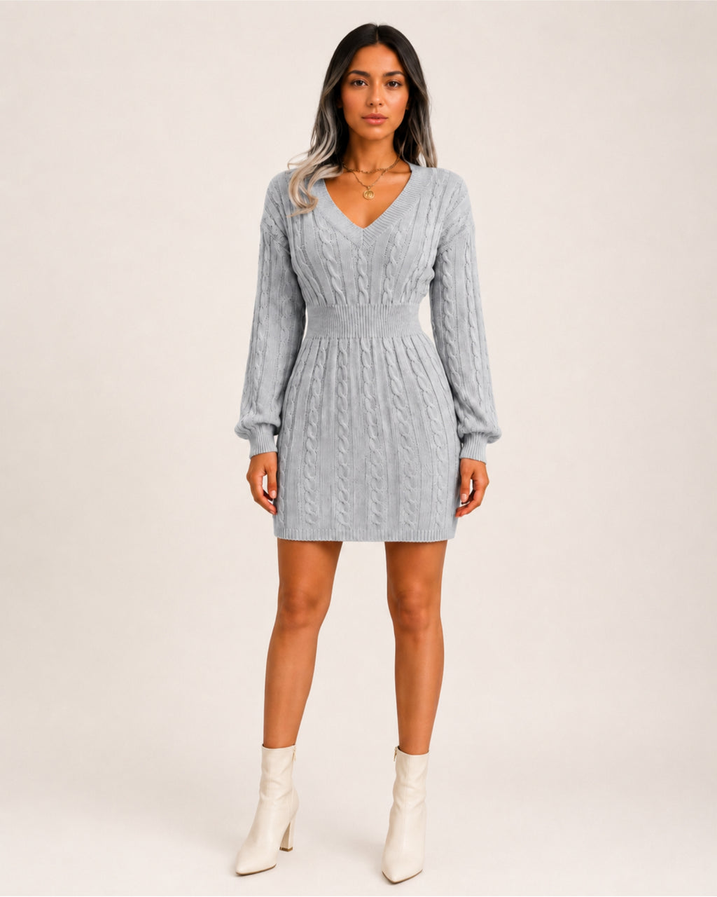 Women's Cable Knit Midi Dress – V Neck Long Sleeve Knitted Dress