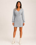 Women's Cable Knit Midi Dress – V Neck Long Sleeve Knitted Dress