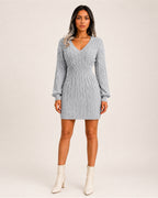 Women's Cable Knit Midi Dress – V Neck Long Sleeve Knitted Dress