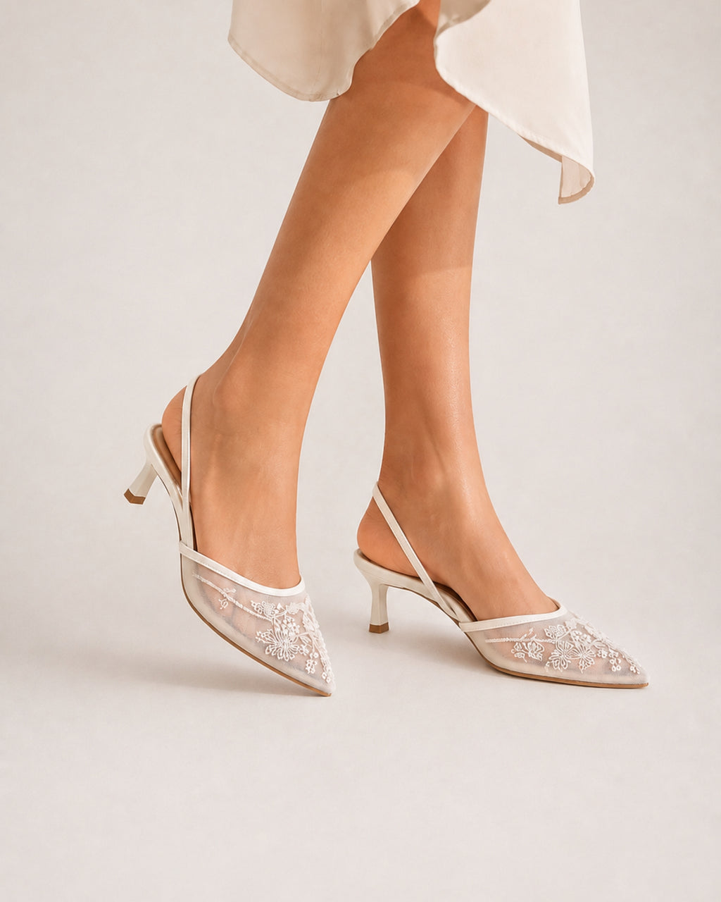 Women's Pointed Toe Slingback Heels with Embroidered Mesh