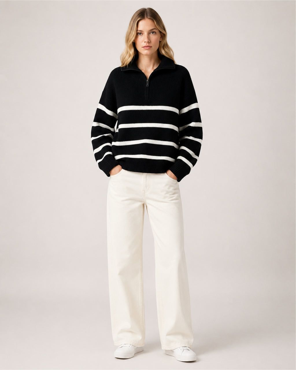 Women's Striped Jumper Half Zip Collared Knit Style