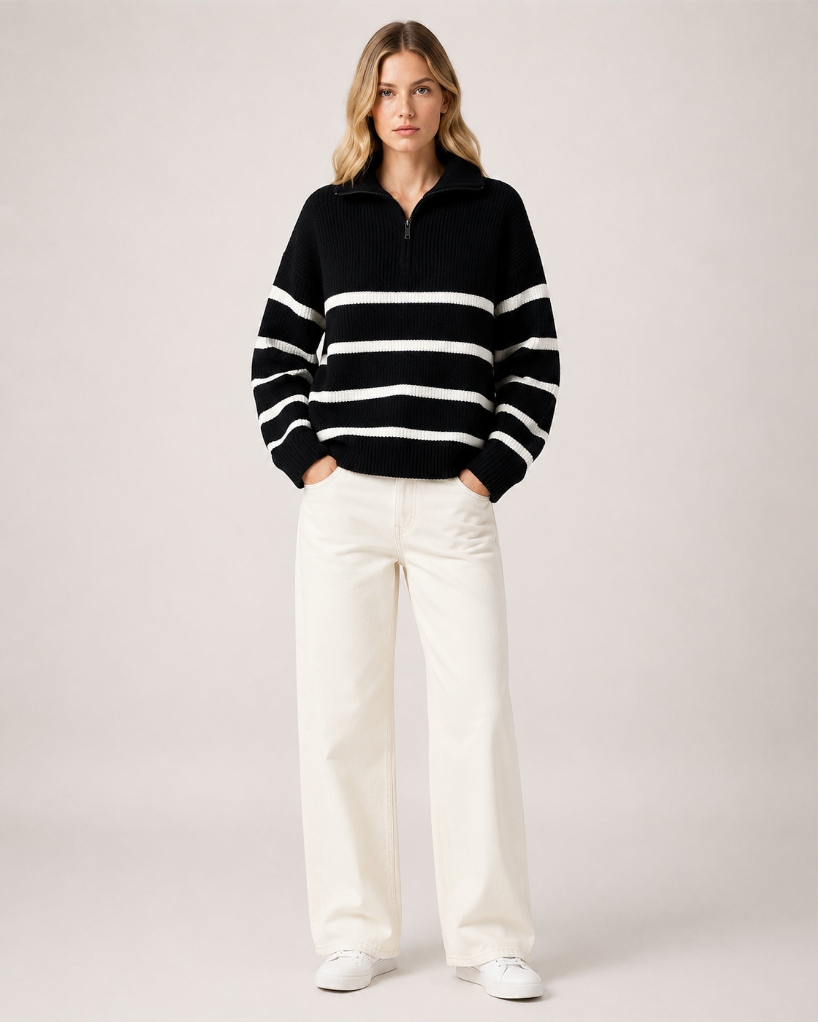 Women's Striped Jumper Half Zip Collared Knit Style