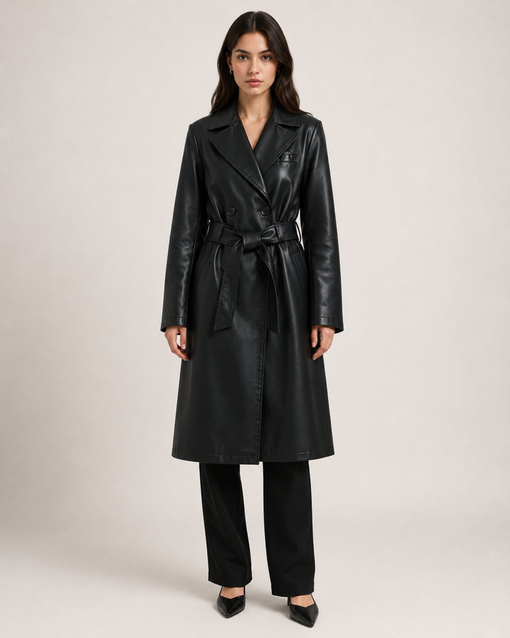Women's Trench Coat Faux Leather Longline Belted Style