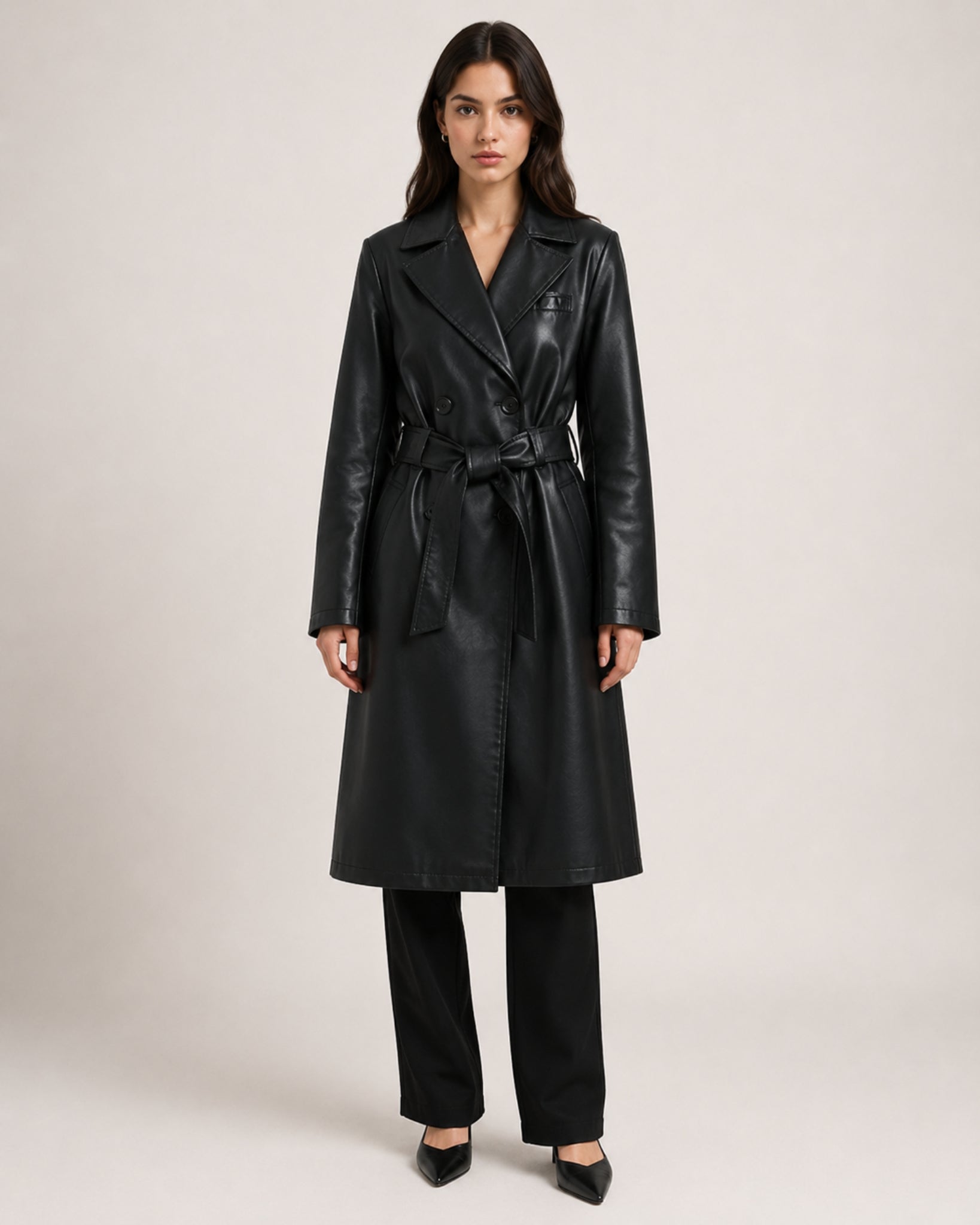 Women's Trench Coat Faux Leather Longline Belted Style