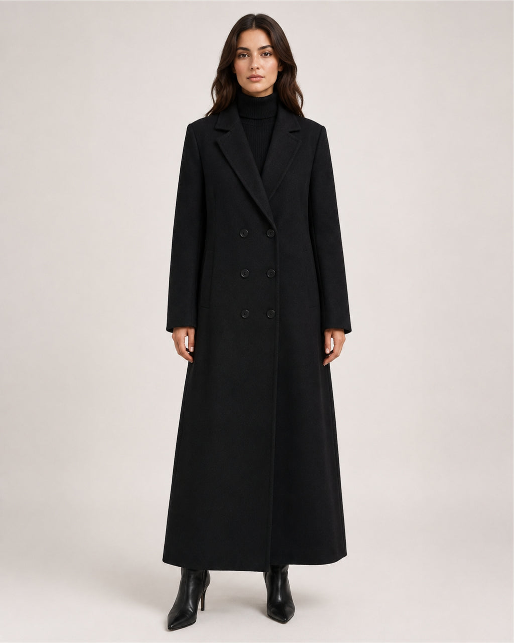 Women's Black Overcoat Long Double Breasted Tailored Style
