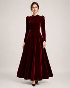 Women's Velvet Dress Midi Long Sleeve A Line Style