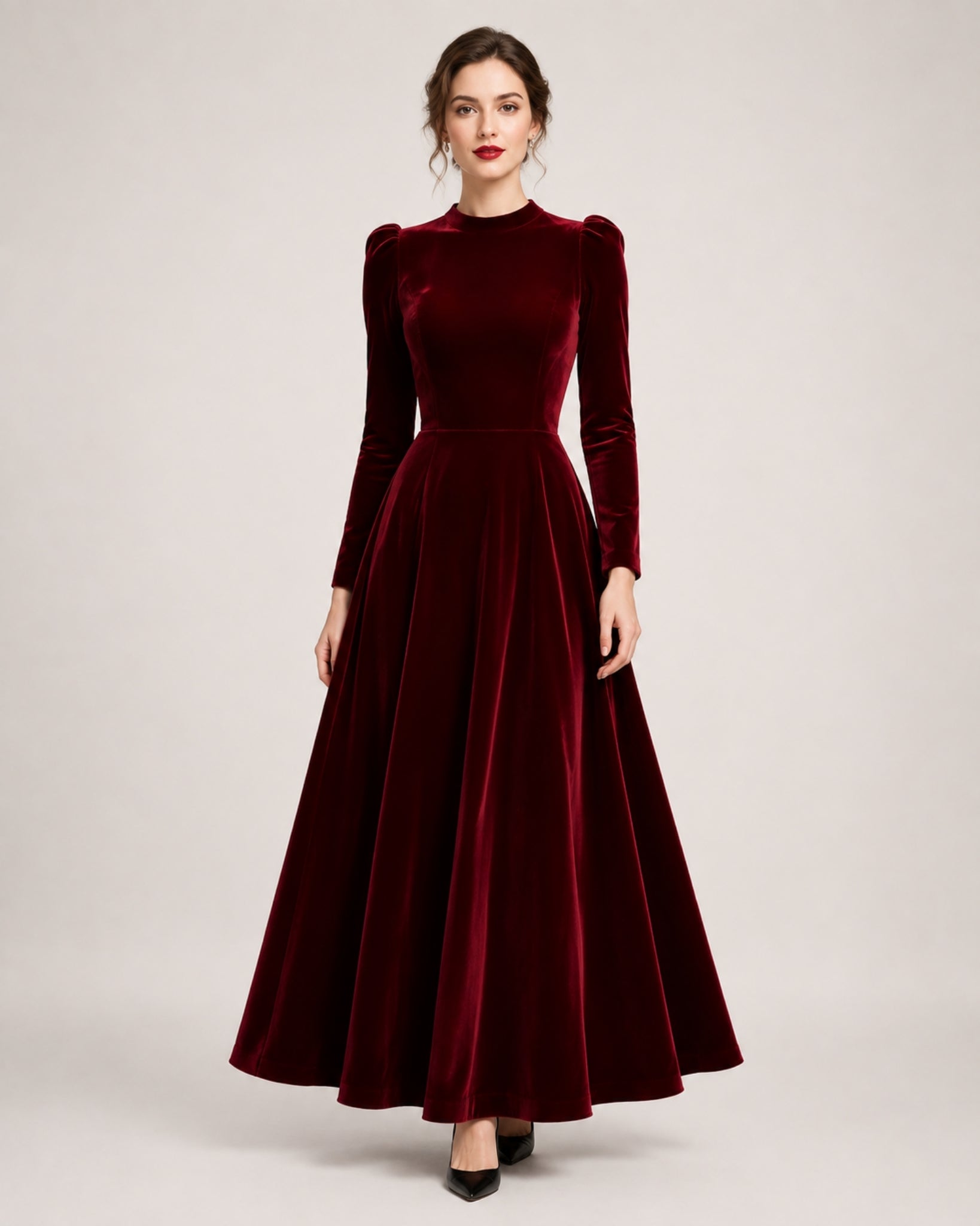 Women's Velvet Dress Midi Long Sleeve A Line Style