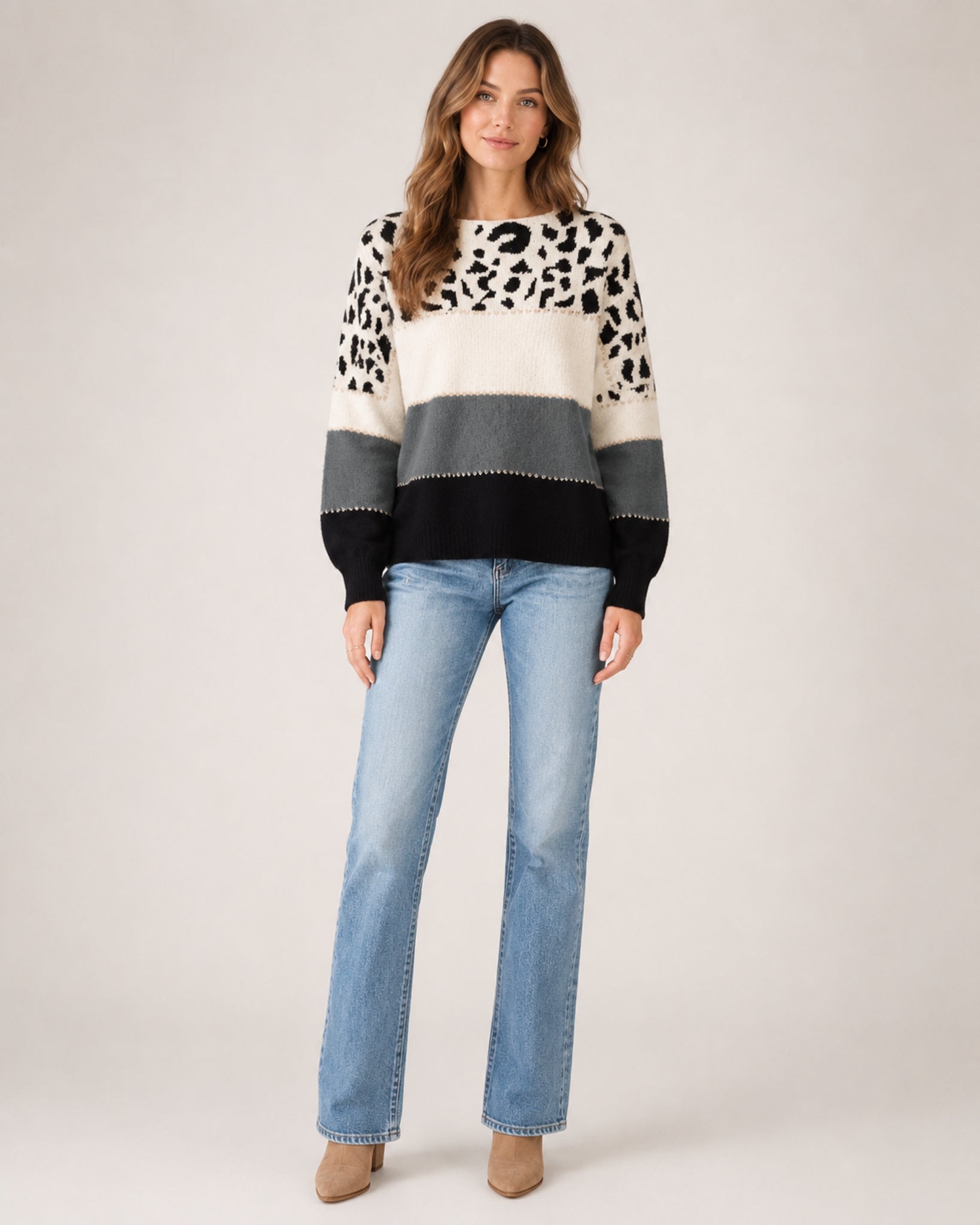 Women's Knitted Jumper Patterned Colour Block Crew Neck Style